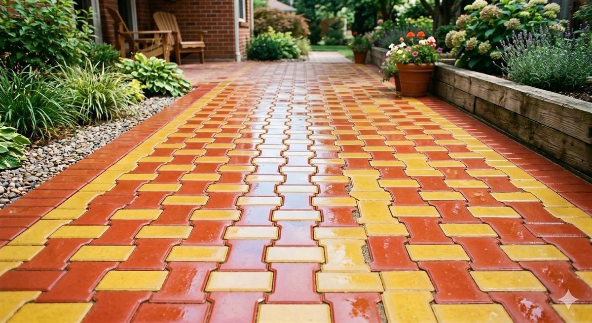 Glossy concrete paver blocks cast from flexible rubber moulds